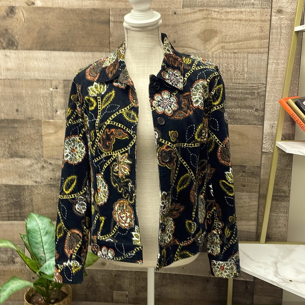 Randi M Vintage Black Boho Corduroy Jacket w/Floral Pattern 10
